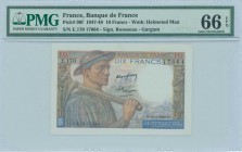 FRANCE: 10 Francs (10.3.1949) in brown and multicolor with miners at left and another at rightt. S/N: "E.170 17064". WMK: Helmeted man. Signatures by ...