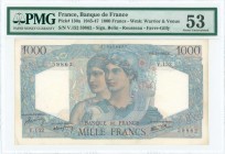 FRANCE: 1000 Francs (6.12.1945) in blue and multicolor with Minerva and Hercules at center. S/N: "V.152 59862". WMK: Warrior and Venus. Signatures by ...