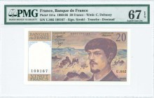 FRANCE: 20 Francs (1980) in dull violet, brown and multicolor with Claude Debussy at right and sea scene in background. S/N: "U.002 109167". WMK: Clau...