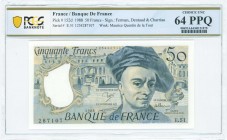 FRANCE: 2x 50 Francs (1988) in deep blue-black on multicolor unpt with Maurice Quentin de la Tour at center right and Palace of Versailles at left cen...