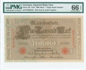 GERMANY: 1000 Mark (21.4.1910) in brown. Seven digits S/N: "9286824N". Inside holder by PMG "Gem Uncirculated 66 - EPQ". (Pick 44b).