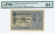 GERMANY: 5 Mark (1.8.1917) in black and purplish blue with girl at upper right. Eight digit S/N: "Y10194798". Inside holder by PMG "Choice Uncirculate...