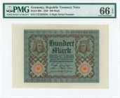GERMANY: 100 Mark (1.11.1920) in dark brown with black text on blue and red unpt with Bamberg Horseman at upper left and right. Eight digits S/N: "C27...