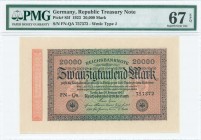 GERMANY: 20000 Mark (20.2.1923) in blue-black on pink and green unpt. S/N: "FN-QA 757372". WMK: Wavy lines (type J). Inside holder by PMG "Superb Gem ...