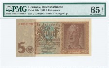 GERMANY: 5 Reichsmark (1.8.1942) in red-brown with portrait of young man at right. S/N: "U 18307396". WMK: Number "5" straight up. Inside holder by PM...
