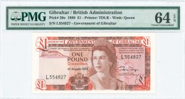 GIBRALTAR: 1 Pound (4.8.1988) in brown and red on multicolor unpt with Queen Elizabeth II at center right. S/N: "L554827". WMK: Queen Elizabeth II. Pr...