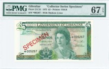 GIBRALTAR: Specimen of 5 Pounds (20.11.1975) from Collector Series in green on multicolor unpt with Queen Elizabeth II at right. Diagonal red ovpt "SP...