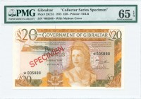 GIBRALTAR: Specimen of 20 Pounds (20.11.1975) from Collectors Series in light brown on multicolor unpt with Queen Elizabeth II at right. Diagonal red ...