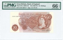 GREAT BRITAIN: 10 Shillings (1966-1970) in brown on multicolor unpt with portrait of Queen Elizabeth II at right. S/N: "C41N 329117". WMK: Laureate he...