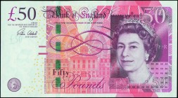 GREAT BRITAIN: 50 Pounds (2015) in red-brown with Queen Elizabeth II at right. S/N: "AJ40 066600". WMK: Queen Elizabeth II. Signature by Victoria Clel...
