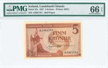 ICELAND: 5 Kronur (Law 1957) in orange-brown on multicolor unpt with viking Arnason at left. S/N: "A5 961781". Buff paper (First printing). Printed by...