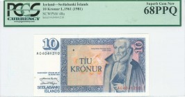 ICELAND: 10 Kronur (Law 1961 / 1981) in blue on multicolor with Arngrimur Jonsson at right. S/N: "A 04041210". WMK: J Sigurthsson. Printed by either B...