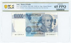 ITALY: 10000 Lire (3.9.1984) in dark blue on multicolor unpt with a lab instrument at center and Volta at right. S/N: "SD 1248160 Y". WMK: A Volta. Si...