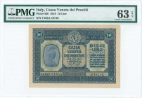 ITALY: 10 Lire (ND 1918) in blue with personification of Italia at left. S/N: "T185A 18716". Inside holder by PMG "Choice Uncirculated 63 - EPQ". (Pic...