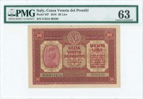 ITALY: 20 Lire (ND 1918) in red-violet with personification of Italia at left. S/N: "1142A 08428". Inside holder by PMG "Choice Uncirculated 63 - Anno...