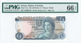 JERSEY: 1 Pound (ND 1976-1988) in blue on multicolor unpt with Queen Elizabeth II at center right. S/N: "LB999746". WMK: Jersey cows head. Signature b...