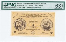 LATVIA: 5 Punkte (1945) in light yellow with villagers at left and right. Printed by LWR. Inside holder by PMG "Choice Uncirculated 63 - EPQ". (Ros #L...