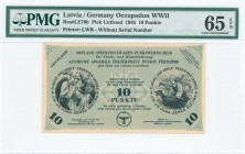 LATVIA: 10 Punkte (1945) in light blue-green with villagers at left and right. Printed by LWR. Inside holder by PMG "Gem Uncirculated 65 - EPQ". (Ros ...