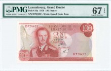 LUXEMBOURG: 100 Francs (15.7.1970) in red on multicolor unpt with Grand Duke Jean at left center. S/N: "D728422". WMK: Grand Duke Jean. Inside holder ...