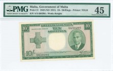 MALTA: 10 Shillings (Law 1949 - ND 1951) in green with English George Cross at left and portrait of King George VI at right. S/N: "A/3 650295". WMK: K...