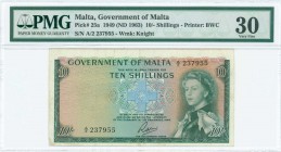 MALTA: 10 Shillings (Law 1949 - ND 1963) in green and blue on multicolor unpt with Queen Elizabeth II at right and cross at center. S/N: "A/2 237955"....