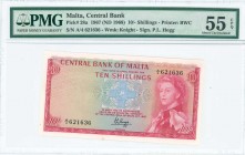 MALTA: 10 Shillings (Law 1967 - ND 1968) in red on multicolor unpt with Queen Elizabeth II at right and cross at center. S/N: "A/4 621636". WMK: Knigh...