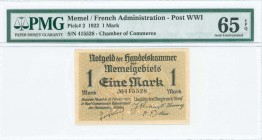 MEMEL (LITHUANIA): 1 Mark (22.2.1922) of french administration post WWI in brown. S/N: "415528". Inside holder by PMG "Gem Uncirculated 65 - EPQ". (Pi...