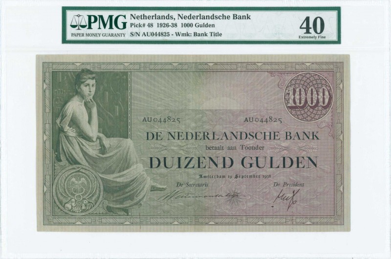 NETHERLANDS: 1000 Gulden (19.9.1938) in dark green and violet with woman seated ...