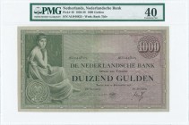 NETHERLANDS: 1000 Gulden (19.9.1938) in dark green and violet with woman seated at left. S/N: "AU 044825". WMK: Banks title. Inside holder by PMG "Ext...