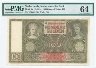 NETHERLANDS: 100 Gulden (8.10.1942) in brown and multicolor with portraits of women at top left center and upper right. S/N: "HR084110. WMK: Fish. Pri...
