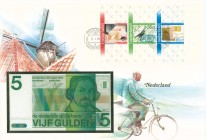 NETHERLANDS: 5 Gulden (28.3.1973) in dark green on green and multicolor unpt with Joost van den Vondel at right. S/N: "4358457972". WMK: Inkwell, quil...