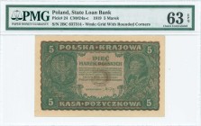 POLAND: 5 Marek (23.8.1919) in green on brown unpt with Arms at left and portrait of Kosciuszko at right. S/N: "IIBC 637314". WMK: Grid with rounded c...