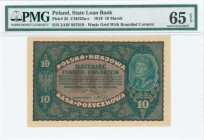 POLAND: 10 Marek (23.8.1919) in blue-green on brown unpt with Arms at left and portrait of Kosciuszko at right. S/N: "IIAW 887619". WMK: Grid with rou...