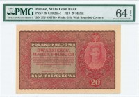POLAND: 20 Marek (23.8.1919) in red on brown unpt with portrait of woman at right. S/N: "IIFJ 016574". WMK: Grid with rounded corners. Inside holder b...