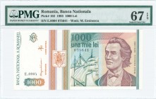 ROMANIA: 1000 Lei (5.1993) in multicolor with Mihai Eminescu at right. S/N: "E.0004 075641". WMK: Eminescu. Inside holder by PMG "Superb Gem Unc 67 - ...