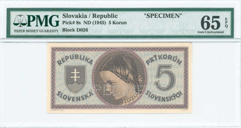 SLOVAKIA: Specimen of 5 Korun (ND 1945) in lilac-brown on light blue unpt with A...