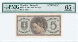 SLOVAKIA: Specimen of 5 Korun (ND 1945) in lilac-brown on light blue unpt with Arms at left and portrait of girl at center. Horizontal perfin "SPECIME...