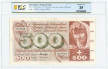 SWITZERLAND: 500 Franken (7.3.1973) in brown-orange and olive on multicolor unpt with woman looking in mirror at right. S/N: "9G 67021". Printed by (T...