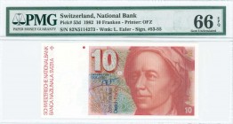 SWITZERLAND: 10 Franken (1982) in orange-brown and multicolor with Leonhard Euler at right. S/N: "82N5114273". WMK: Euler. Printed by OFZ. Inside hold...