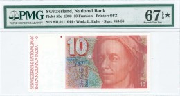 SWITZERLAND: 10 Franken (1983) in orange-brown and multicolor with Leonhard Euler at right. S/N: "83L0111044". WMK: Euler. Printed by OFZ. Inside hold...
