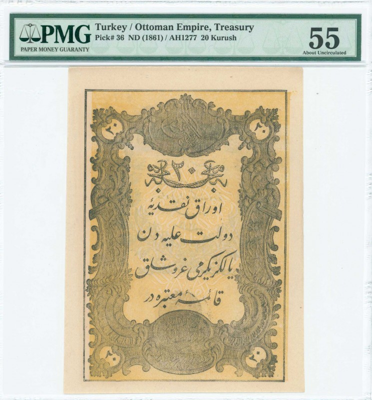 TURKEY: 20 Kurush (AH1271 / 1861) in black on gold unpt. Seal of Tevfik on back....