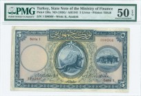 TURKEY: 5 Livres (Law AH1341 - ND 1926) in blue with bounding wolf at center and buildings at right. S/N: Serie 1 "390566". WMK: Kemal Ataturk. Printe...