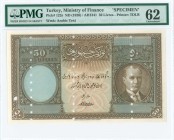 TURKEY: Specimen of 50 Livres (Law 1341 / ND 1926) in brown with portrait of Kemal Ataturk at right. Diagonal black ovpt "SPECIMEN" on back. Three ver...