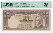 TURKEY: 100 Lira (Law 1930 / ND 1937-1939) in brown on green and pink unpt with portrait of President Ismet Inonu at right. S/N: "H19 06772". WMK: Ino...