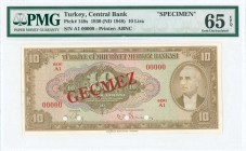 TURKEY: Specimen of 10 Lira (Law 1930 - ND 1948) in brown on multicolor unpt with portrait of president Inonu with bow tie at right. S/N: "A1 00000". ...