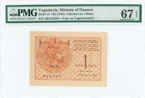 YUGOSLAVIA: 4 Kronen on 1 Dinar (ND 1919) in orange-brown on light tan unpt with helmeted man at left. S/N: "18K 043447". Red ovpt of new value at top...