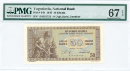 YUGOSLAVIA: 50 Dinara (1.5.1946) in brown on multicolor unpt with miner at left. Nine digits S/N: "110535733" (2nd issue). Inside holder by PMG "Super...