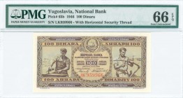 YUGOSLAVIA: 100 Dinara (1.5.1946) in brown on gold unpt with blacksmith at left, Arms at upper center and farmer at right. Large numerals in S/N: "LK ...