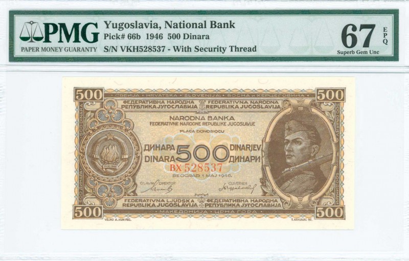 YUGOSLAVIA: 500 Dinara (1.5.1946) in brown on multicolor unpt with Arms at left ...