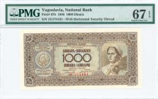 YUGOSLAVIA: 1000 Dinara (1.5.1946) in brown on multicolor unpt with Arms at left and woman with ears of corn at right. S/N: "3Γ 774161". Horizontal se...